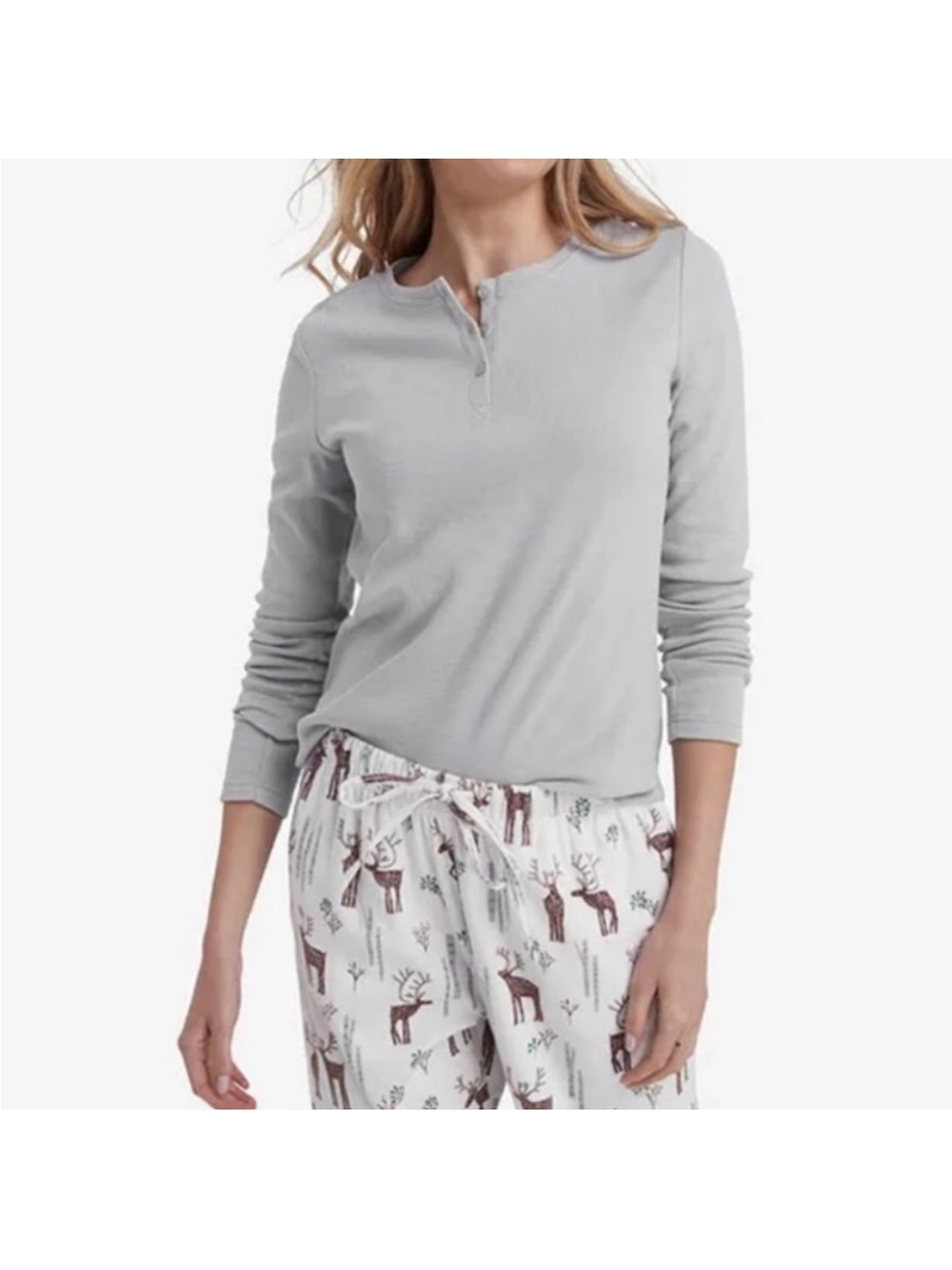 The Company Store Gray Long-Sleeve Top with Cream Reindeer Print Pajama Pants